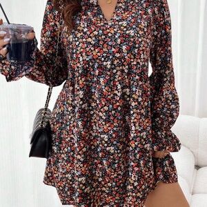 Plus Boho Floral Long Sleeve Dress